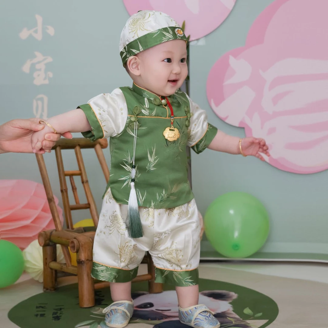 一周岁礼服男宝宝新中式唐装绿色清新百天男童抓周宴冠衣套装国潮