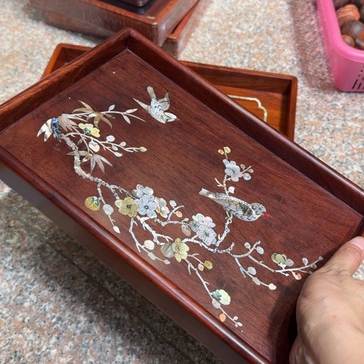 大果紫檀（缅甸花梨）悟*?花梨木螺钿花鸟托盆30-20