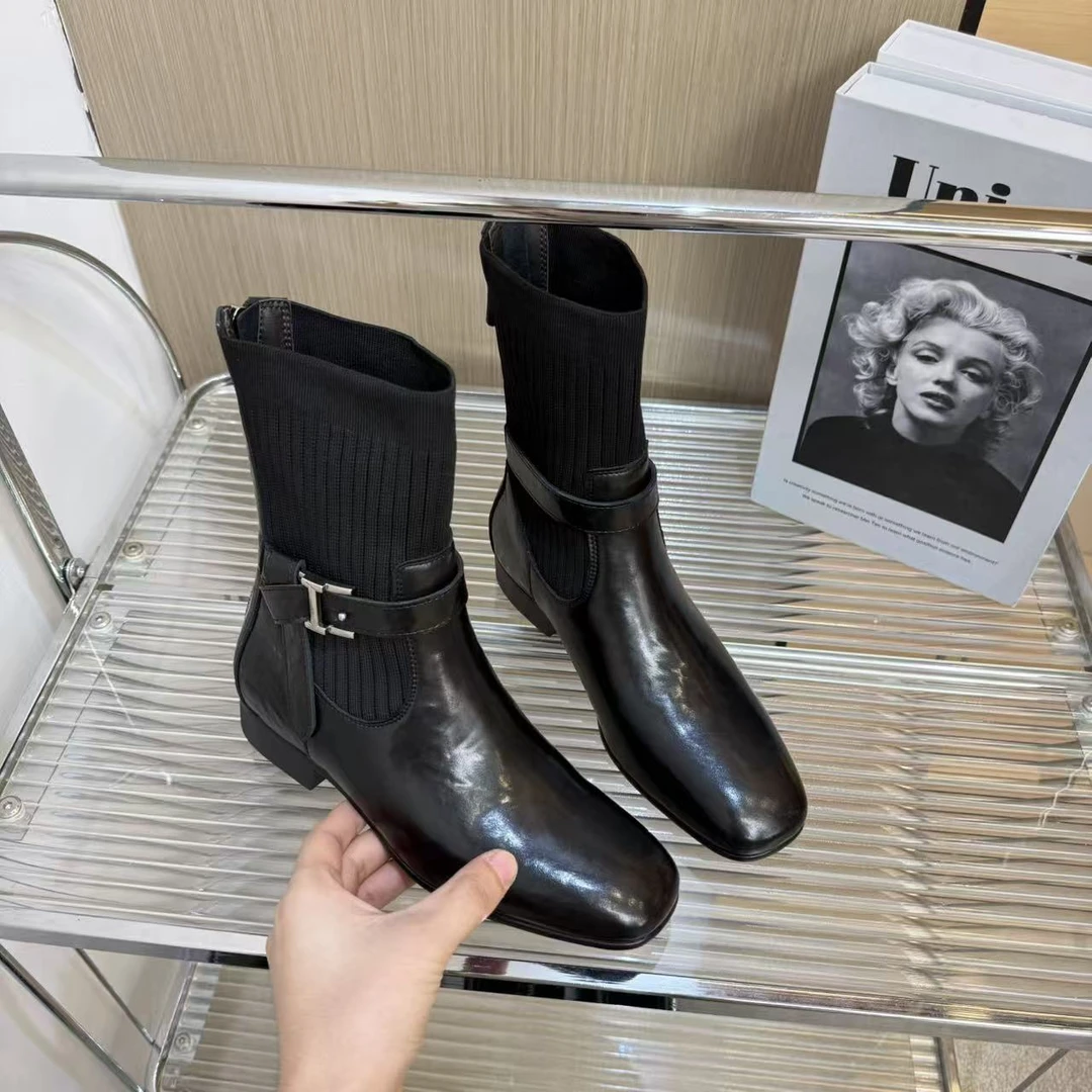 2025秋冬款方头气质低跟英伦风后拉链粗跟瘦瘦靴真皮袜靴G2589