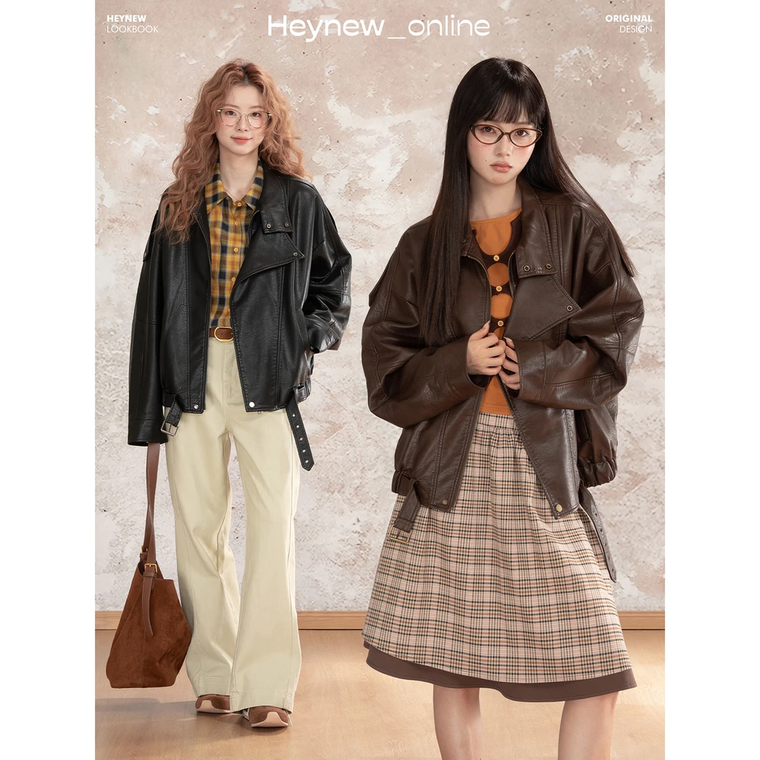 【HEYNEW黑妞】酷飒独特美式机车复古高级感夹克皮衣外套5Q486
