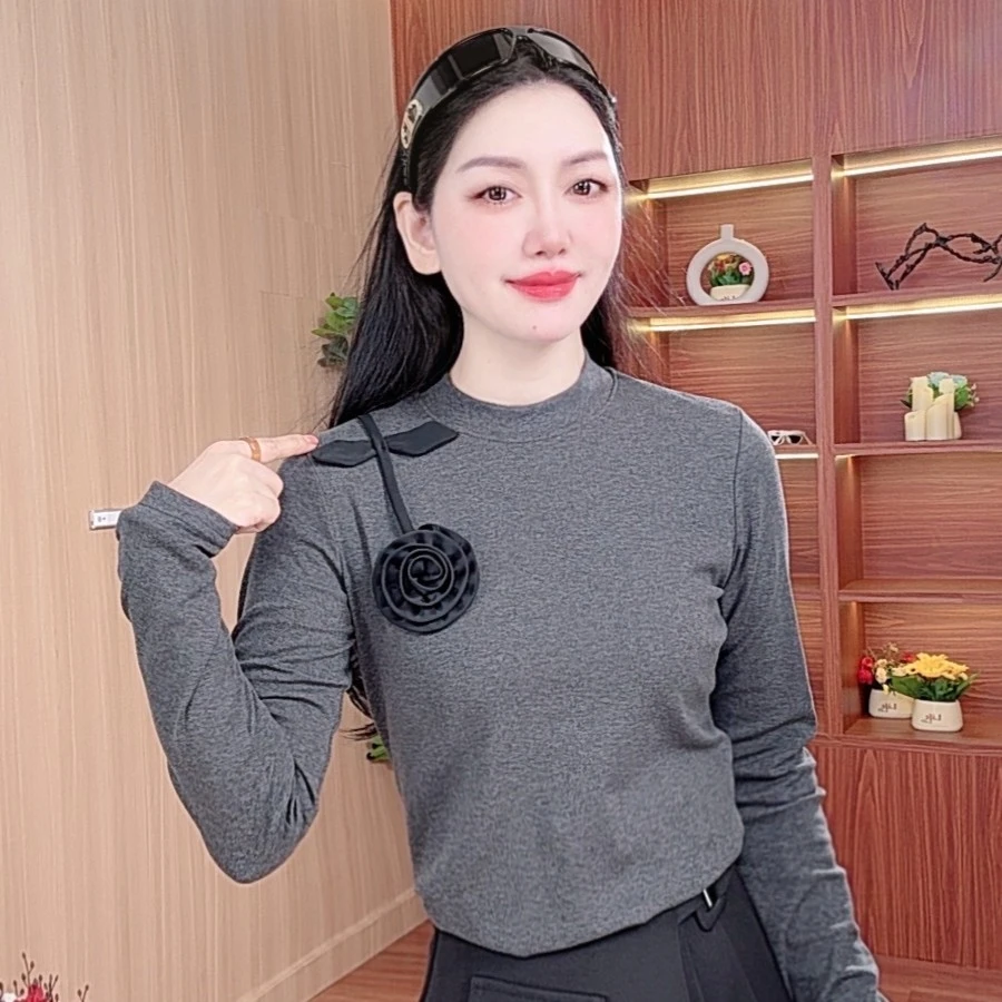 【5399】2025新款纯色气质立体玫瑰花设计款中袖、长袖上衣