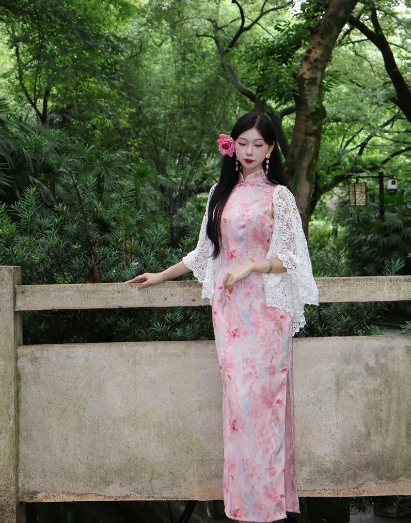 秋辞香~粉黛玉香 无袖港工中长款港工旗袍提花缎面连衣裙