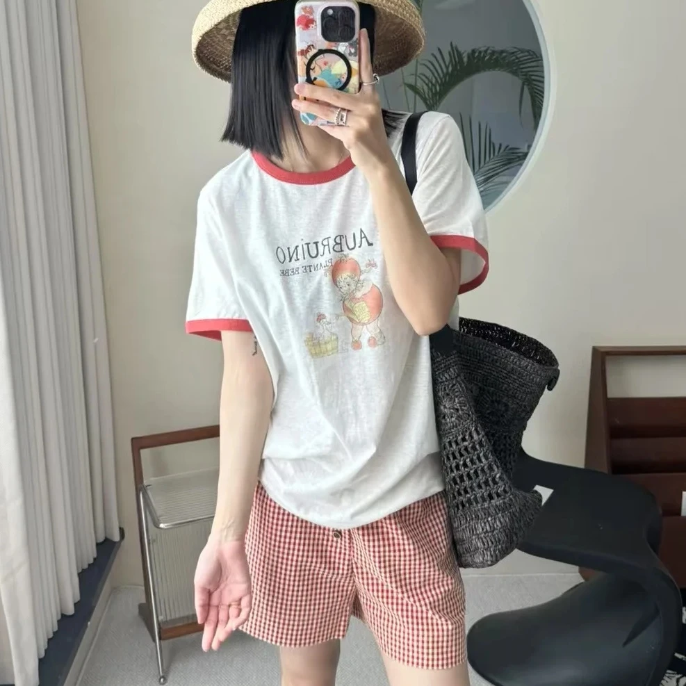 aub 25SS春夏新款农场宝宝亚麻拼色螺纹T恤