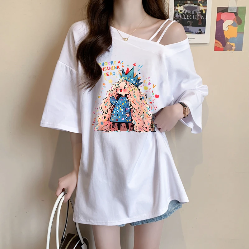 纯棉斜领短袖T恤女夏季韩版宽松减龄卡通百搭中长款时尚半袖上衣