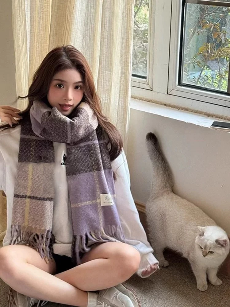 长款围巾新款高颜值超显白网红秋冬百搭苏格兰棋盘格暖调复古围巾