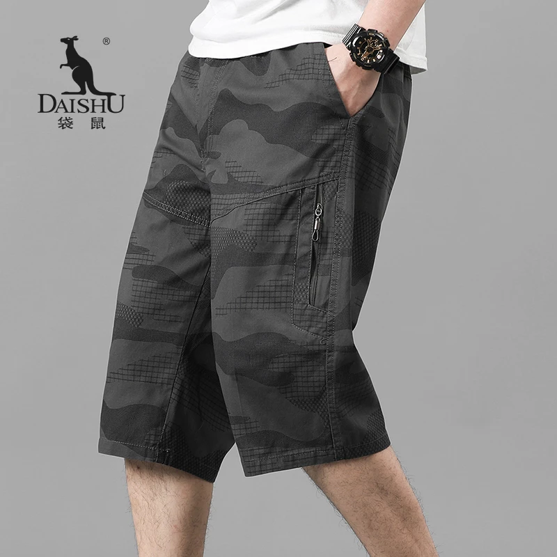 袋鼠夏季迷彩七分裤男款宽松薄款工装短裤纯棉外穿休闲加大码中裤
