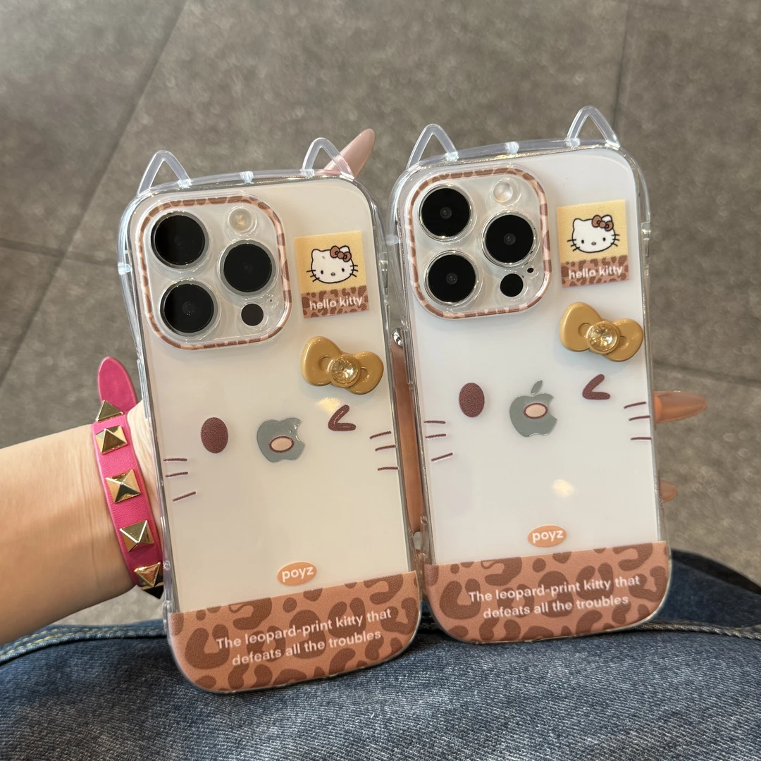 奥菲顿棕色蝴蝶结豹纹kt适用iPhone16/15猫耳朵苹果14手机壳13/12