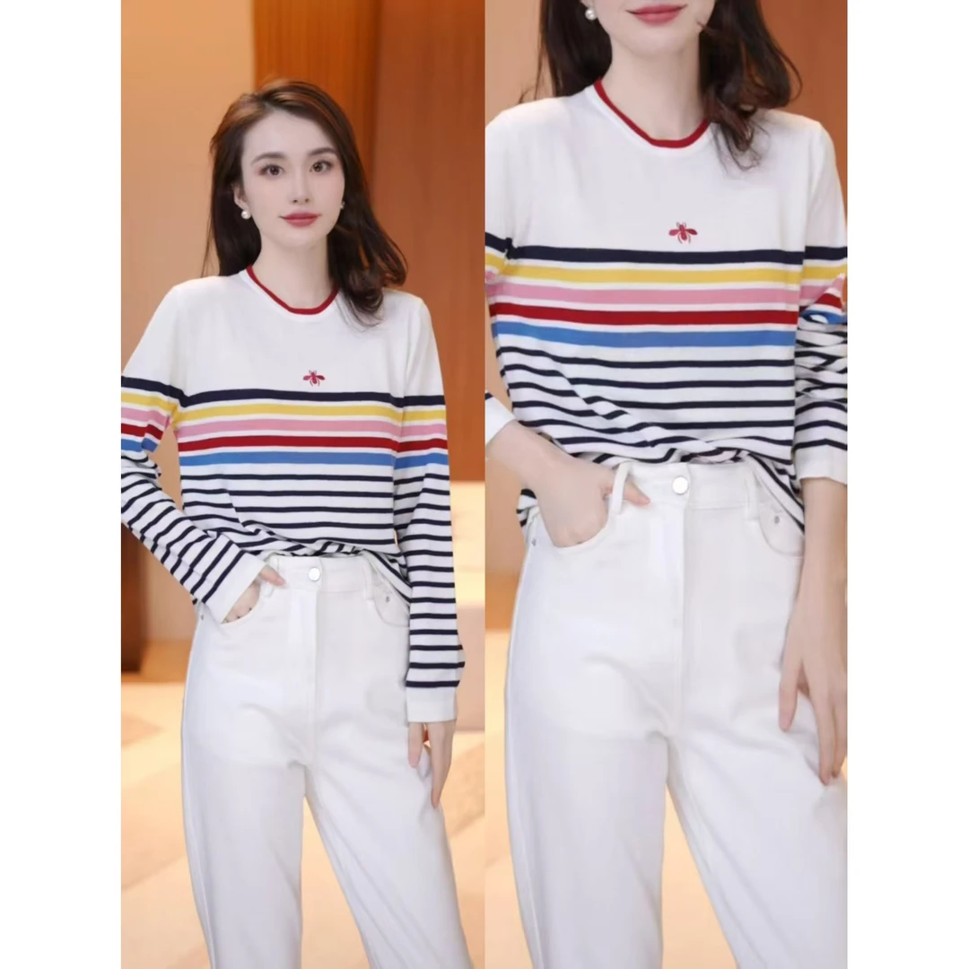 【小蜜蜂条纹】莱赛尔时尚气质显瘦蜜蜂圆领条纹针织衫XY253416