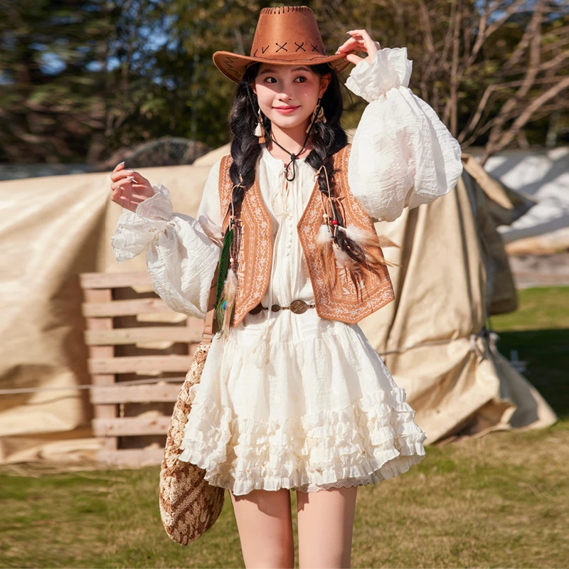 新疆川西波西米亚旅游度假风复古做旧小马甲长袖a字刺绣连衣裙