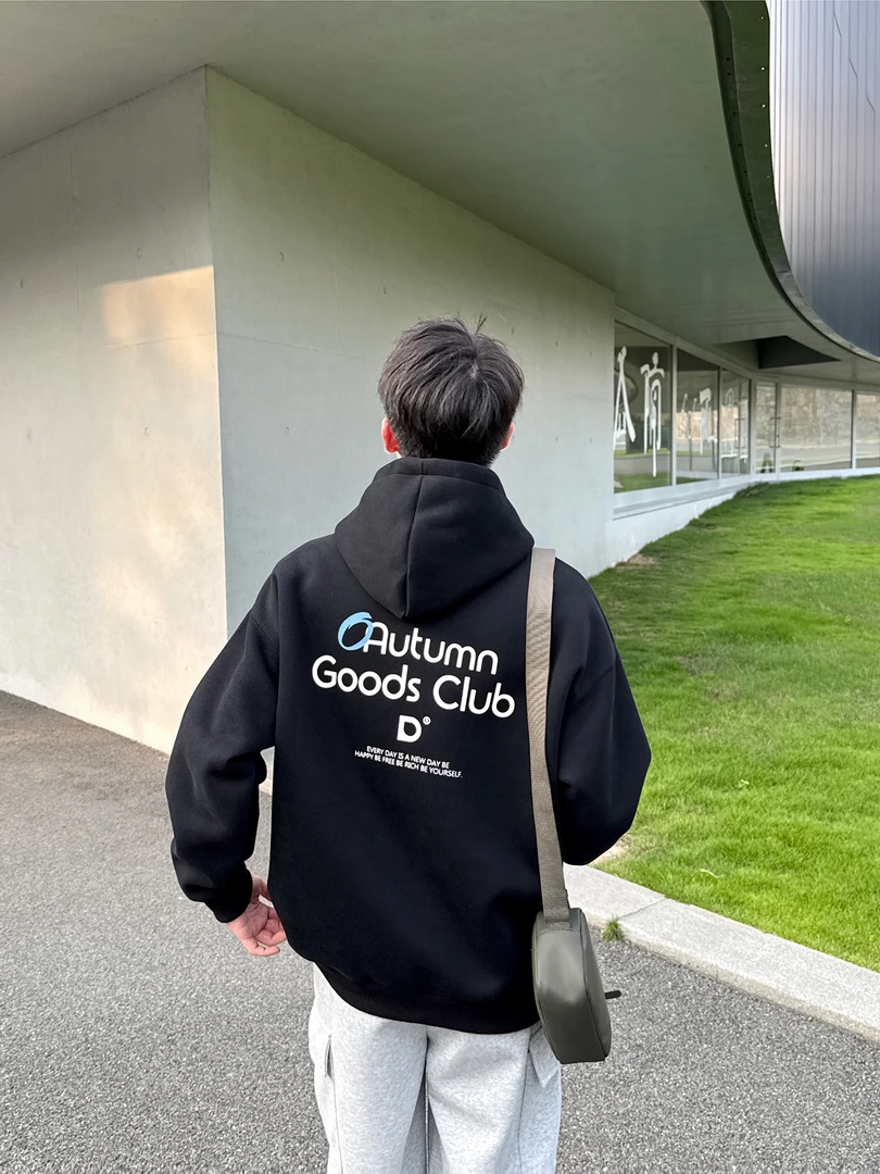 420g黑色字母印花卫衣男款连帽2025新款秋冬休闲宽松套头帽衫穿搭