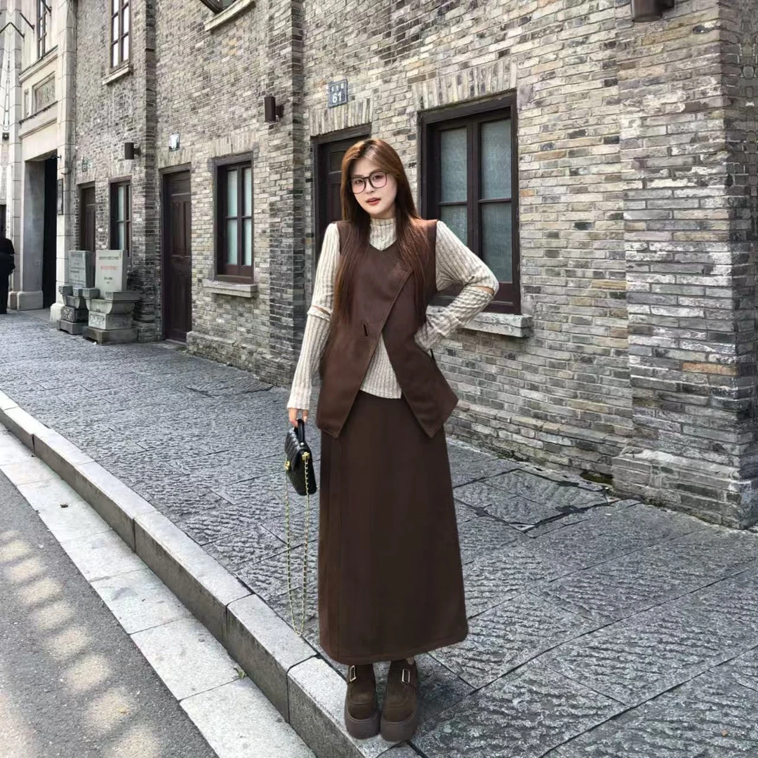 盈盈&南岛风大码女装麂皮绒马甲上衣秋胖mm显瘦半身裙套装ZYY2280