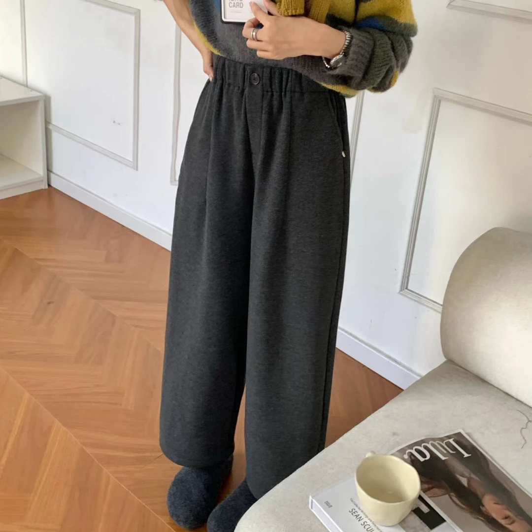 一粒扣松紧腰直筒阔腿裤女欧洲站2024秋冬百搭休闲奶奶裤