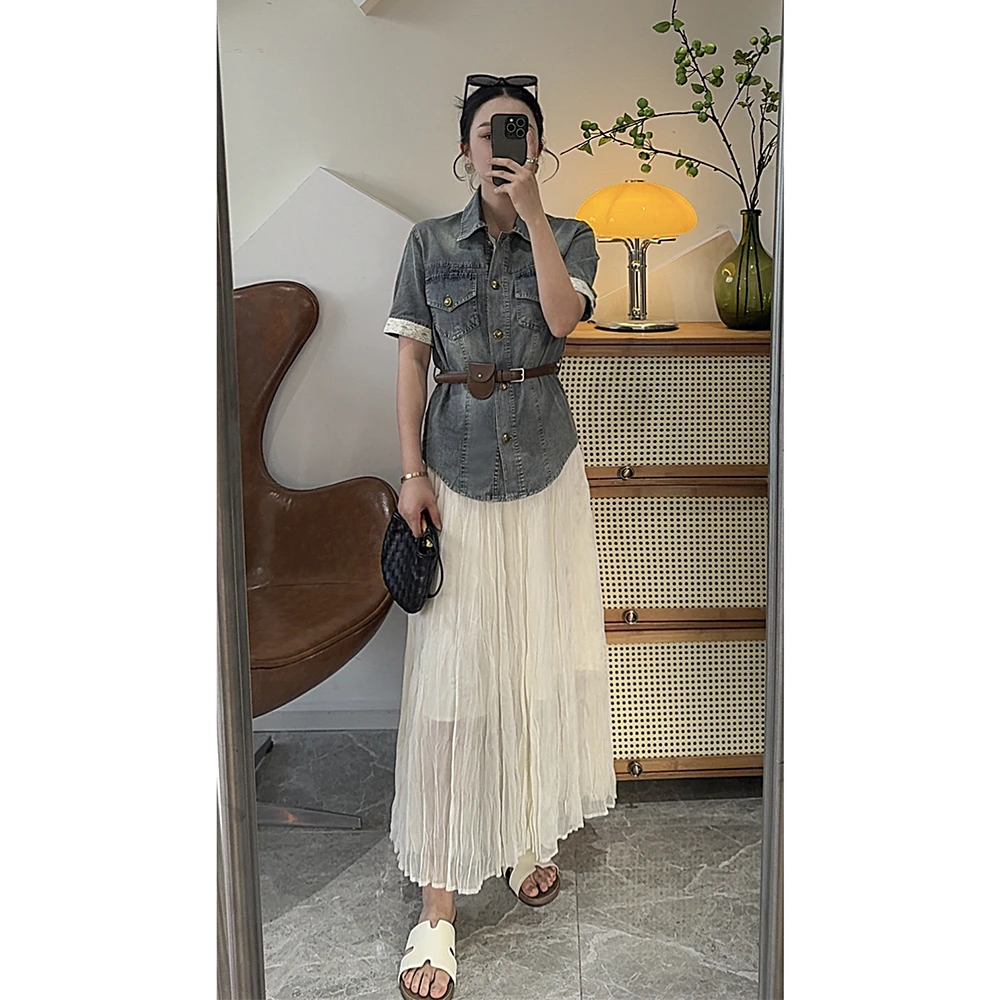 MISS RUILI 定制 2025新款复古港风翻领收腰牛仔套装裙F0468