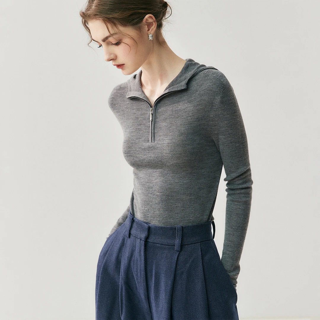 可机洗德国扬子纱纯羊毛衫女秋冬修身显瘦内搭连帽毛衣针织打底衫