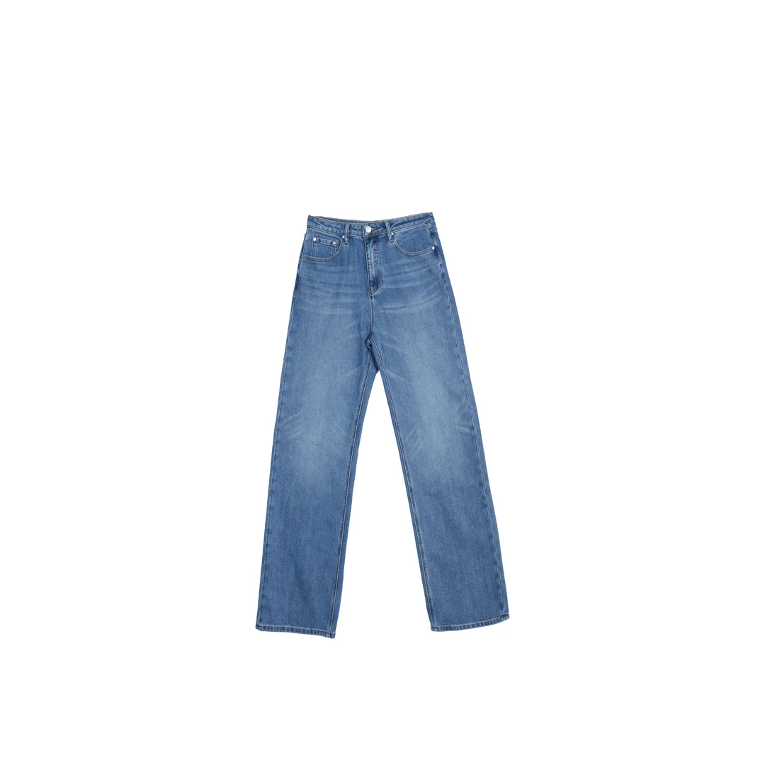 【木兰】百搭经典水洗做旧高腰直筒型牛仔裤宽松蓝色裤子QN5012秋季