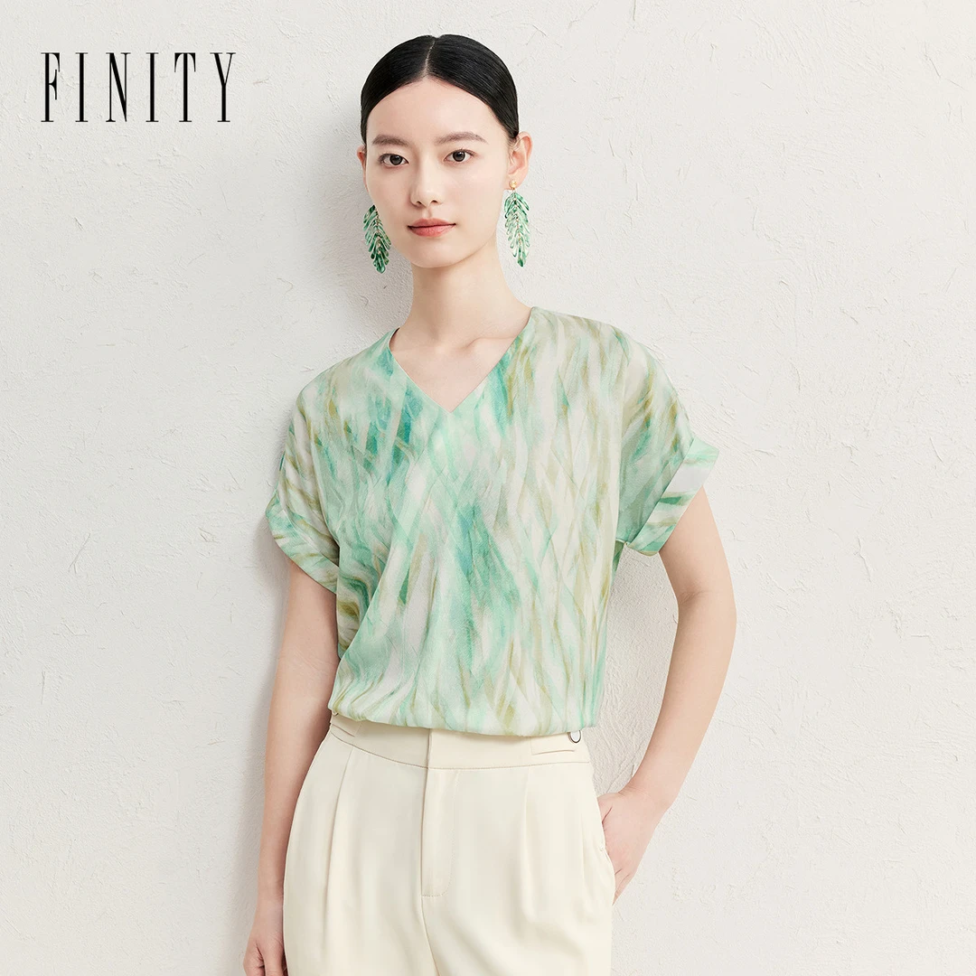 FINITY菲妮迪新款蕾丝衫气质时尚休闲绿色女士夏季款印花提花气质