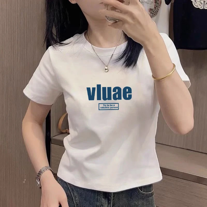 正肩短袖t恤女装夏季修身显瘦圆领体恤字母印花休闲百搭时尚上衣