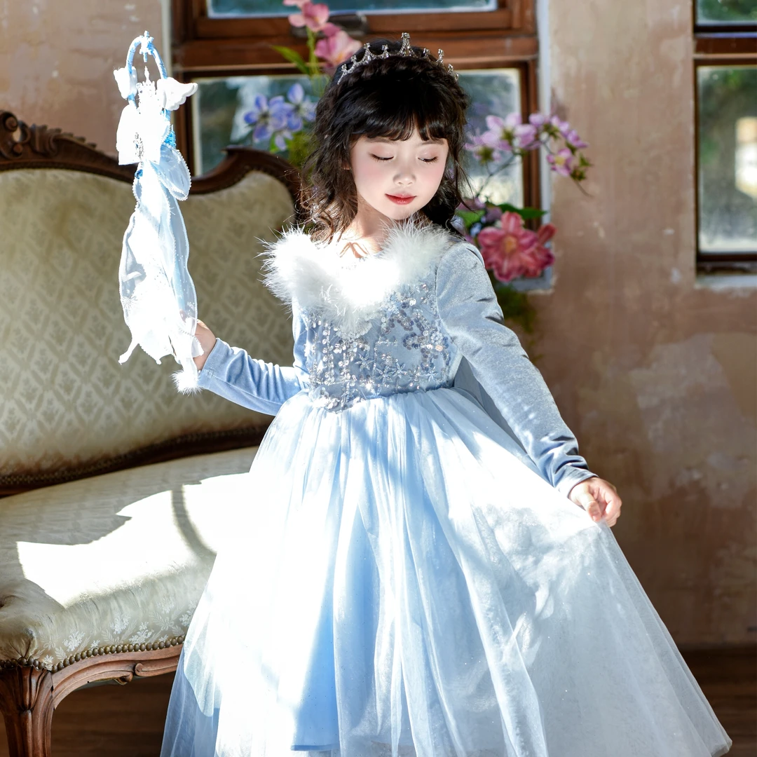 女童重工礼服长裙重工羽毛艾莎公主裙女宝花童生日宴会小千金裙子
