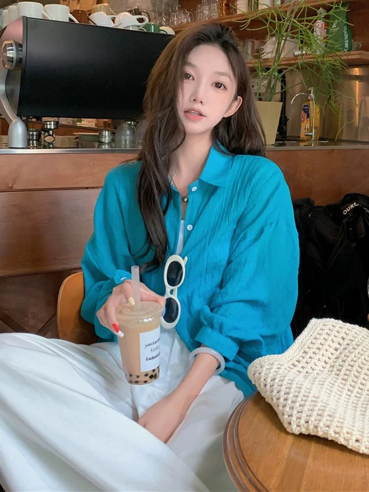 衬衣加美背春夏薄款湖蓝色衬衫外套宽松防晒衣开衫外搭褶皱慵懒风