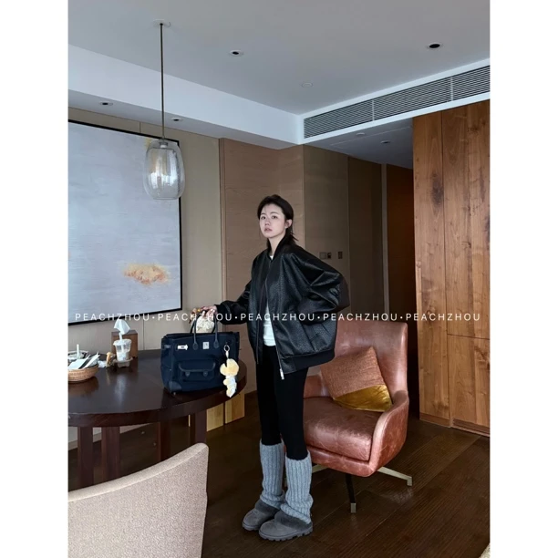 『PEACHZHOU』石花雨PU皮罗纹棒球领宽松廓形夹棉皮衣休闲棉服外套