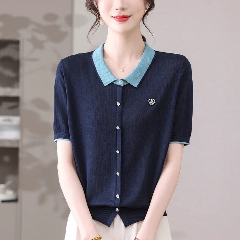 夏季薄款针织衫女大码洋气短袖T恤宽松遮肚子显瘦短款Polo领上衣