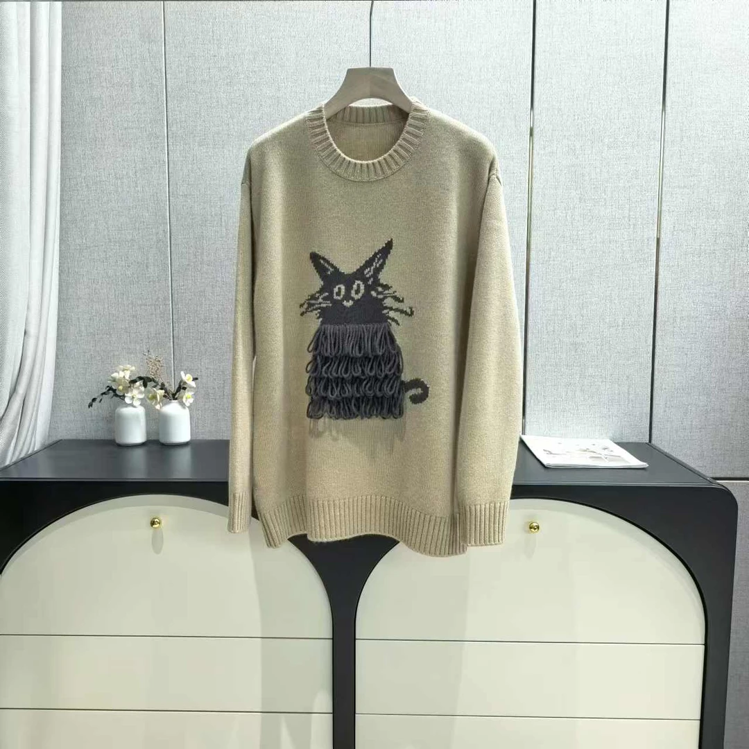 61071手工减龄立体猫咪流苏山羊绒衫