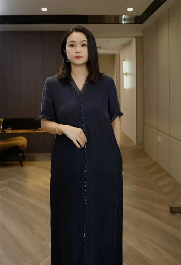 YS308两色v领钉珠网纱拼接中长款气质连衣裙m117