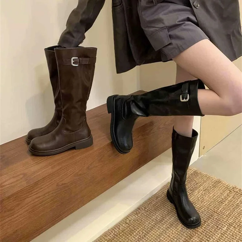 长筒靴女秋冬复古侧拉链显瘦长靴不过膝加绒