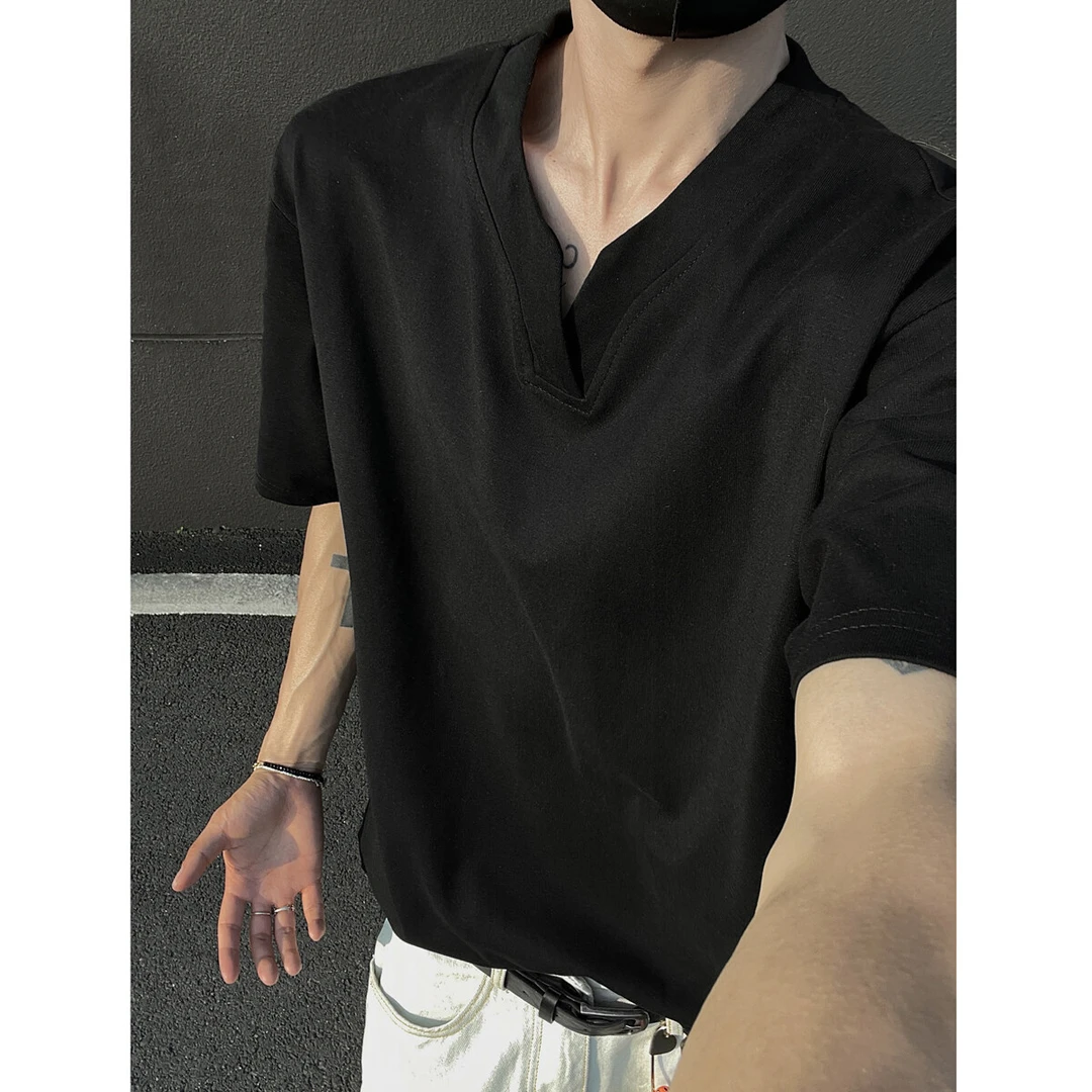 黑色重磅肌理感t恤男款夏季cleanfit亨利V领短袖美式男t恤短袖