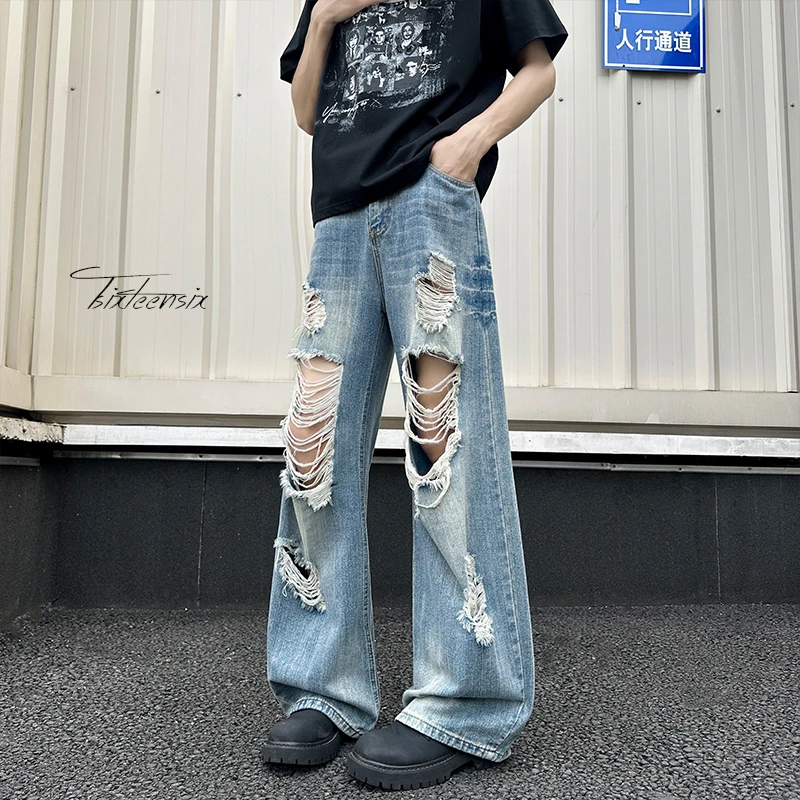 竹节纹破洞牛仔裤男夏季薄款美式水洗设计感裤子宽松直筒拖地长裤
