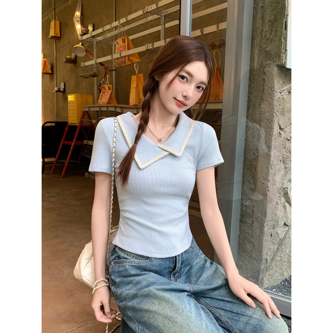 不规则翻领短袖T恤女夏2025新款设计感褶皱收腰显瘦正肩短款上衣