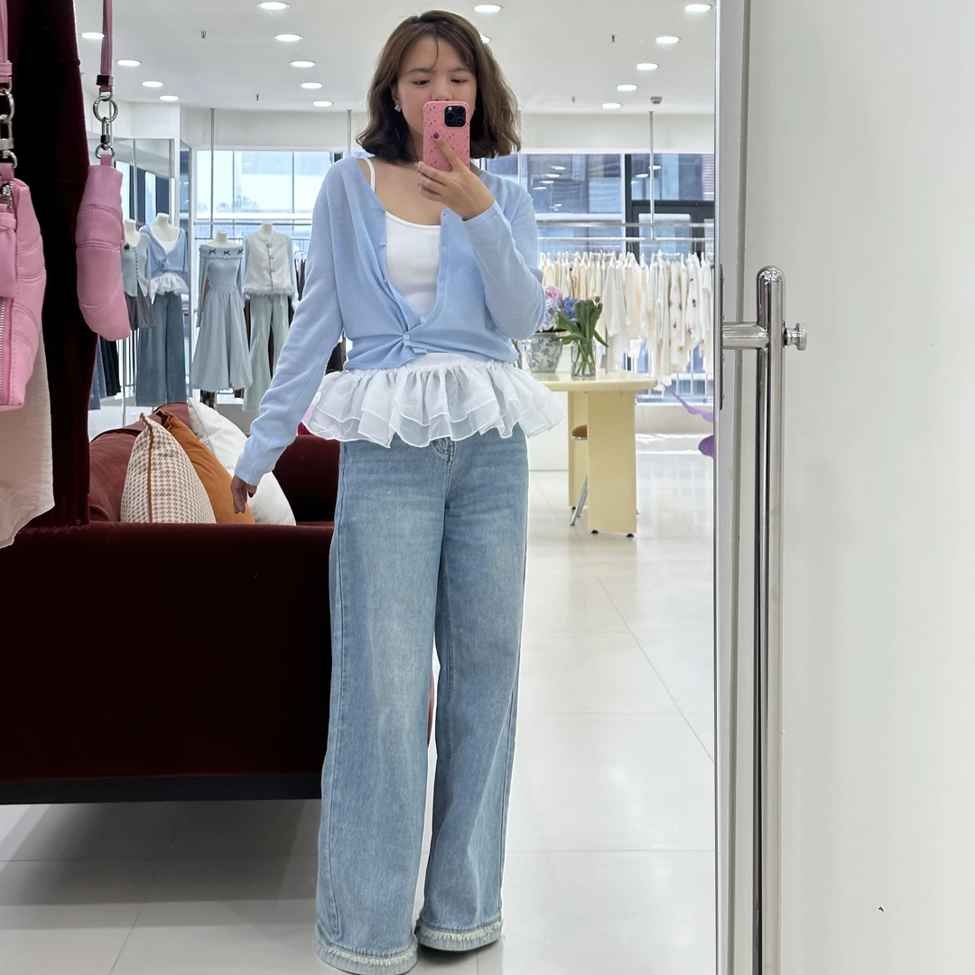 显瘦毛边直筒牛仔裤