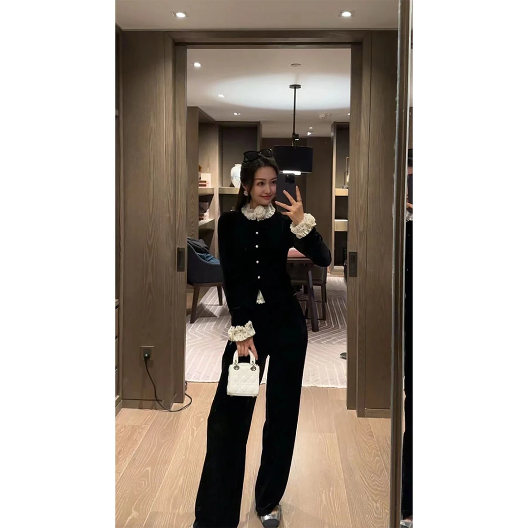 W·HAHA【夜影花峪】波点花边领丝绒开衫长裤51960