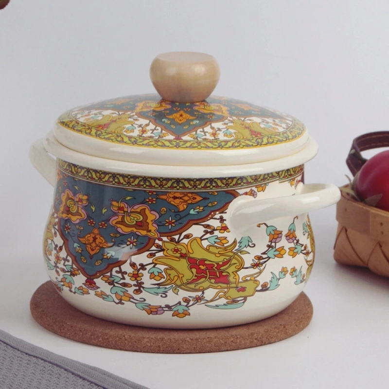 22CM俄罗斯花汤锅搪瓷珐琅加厚卷边民族风双耳明火电磁炉通用BL29