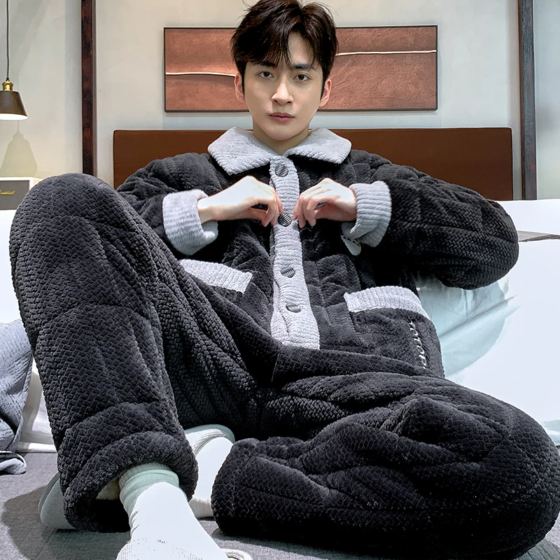 睡衣男士冬季加厚加绒珊瑚绒三层夹棉翻领纽扣保暖家居服套装棉袄
