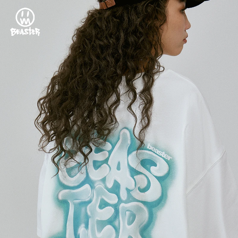 BEASTER鬼脸短袖T恤男国潮纯棉情侣装潮牌复古涂鸦印花上衣