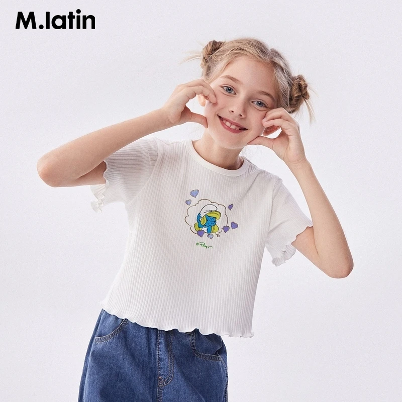 【蓝精灵联名款】马拉丁童装儿童T恤夏新款女童大童短款修身坑条T恤