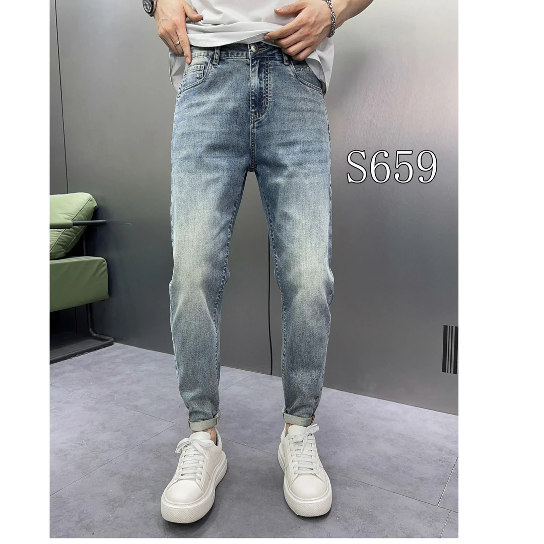 新款九分裤超薄弹力软牛仔男士修身常规春夏洗水浅蓝色净版牛仔裤