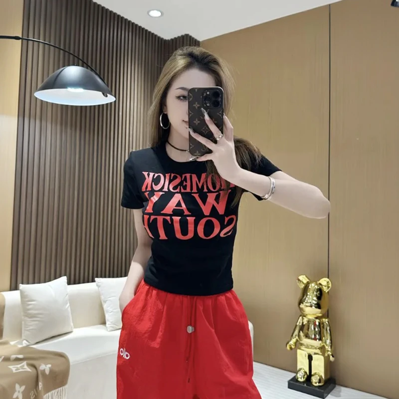 美式复古休闲风字母印花短袖T恤女2025夏季新款修身显瘦短款上衣