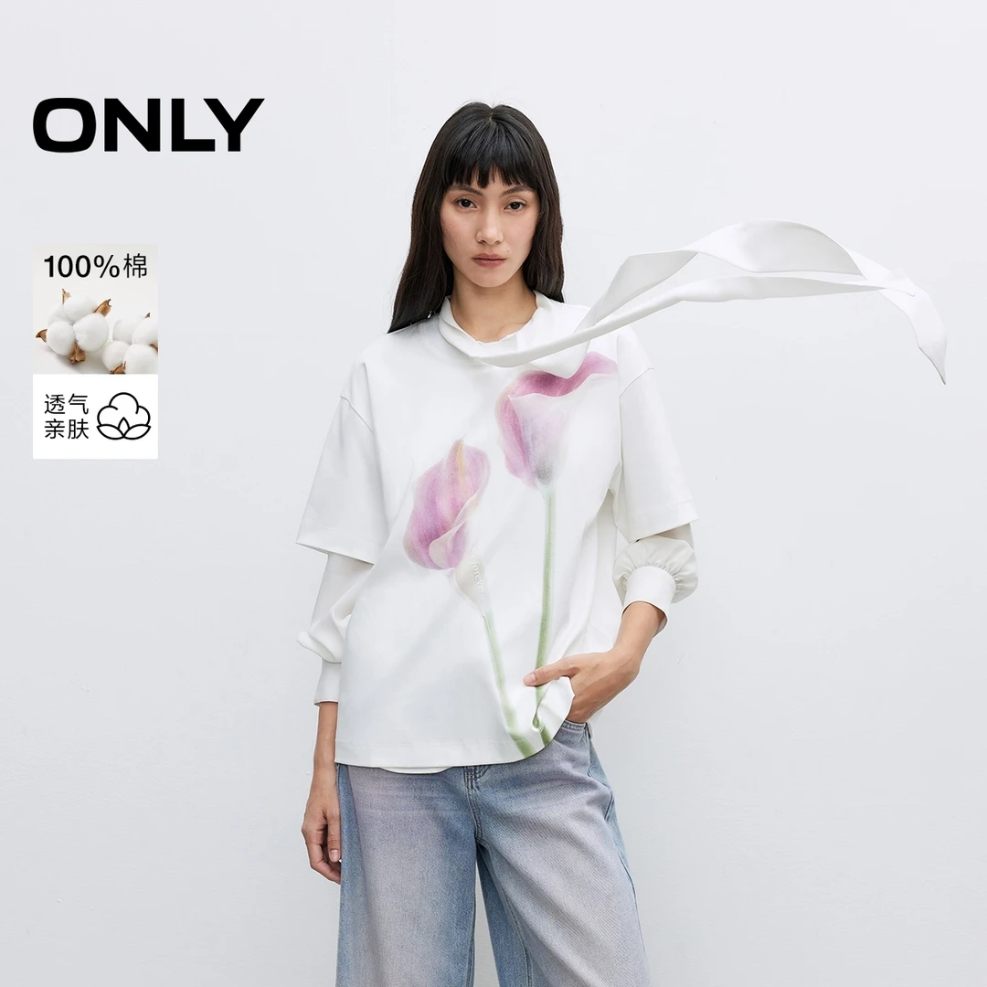 ONLY秋季纯棉花朵印花落肩圆领短袖T恤女老钱风松弛感|125101072