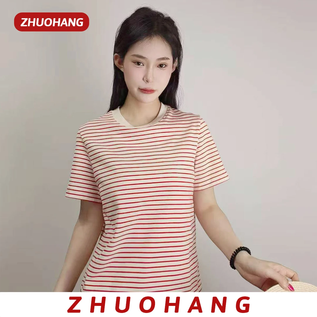 ZHUOHANG—短袖纯棉T恤显身材修身吸汗透气时尚休闲宽松百搭条纹