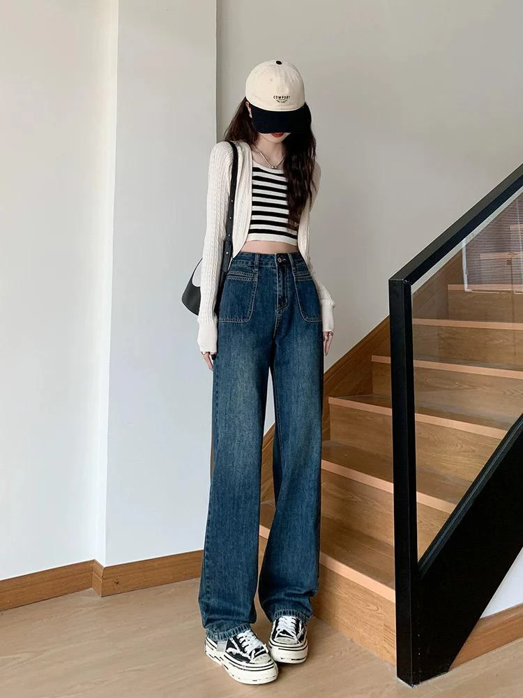 150小个子牛仔裤复古兰女夏季新款显瘦宽松垂顺直筒阔腿裤拖地裤