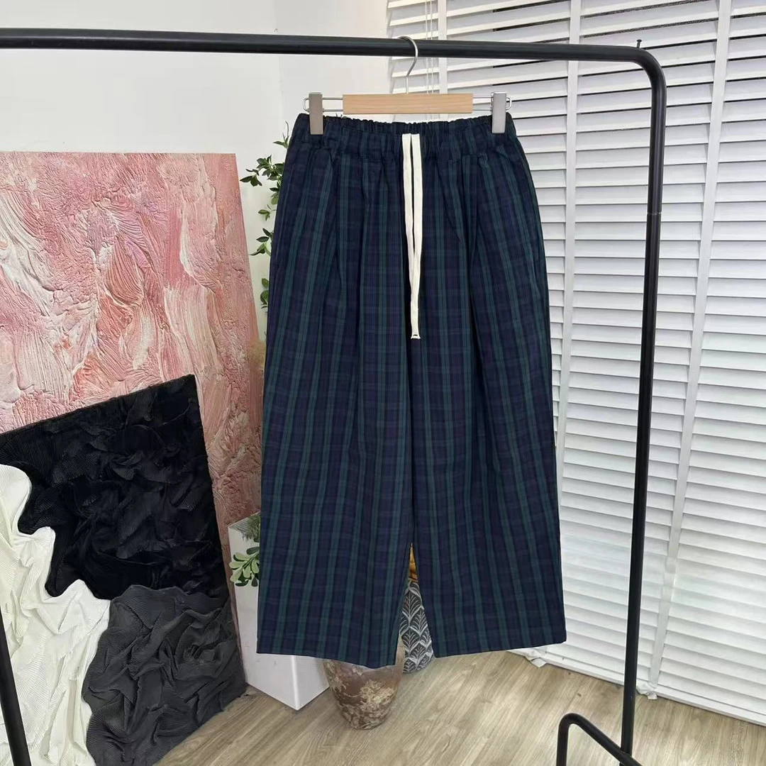 「木佐严选」文艺水洗棉麻色织格子松紧腰休闲阔腿长裤女E5675