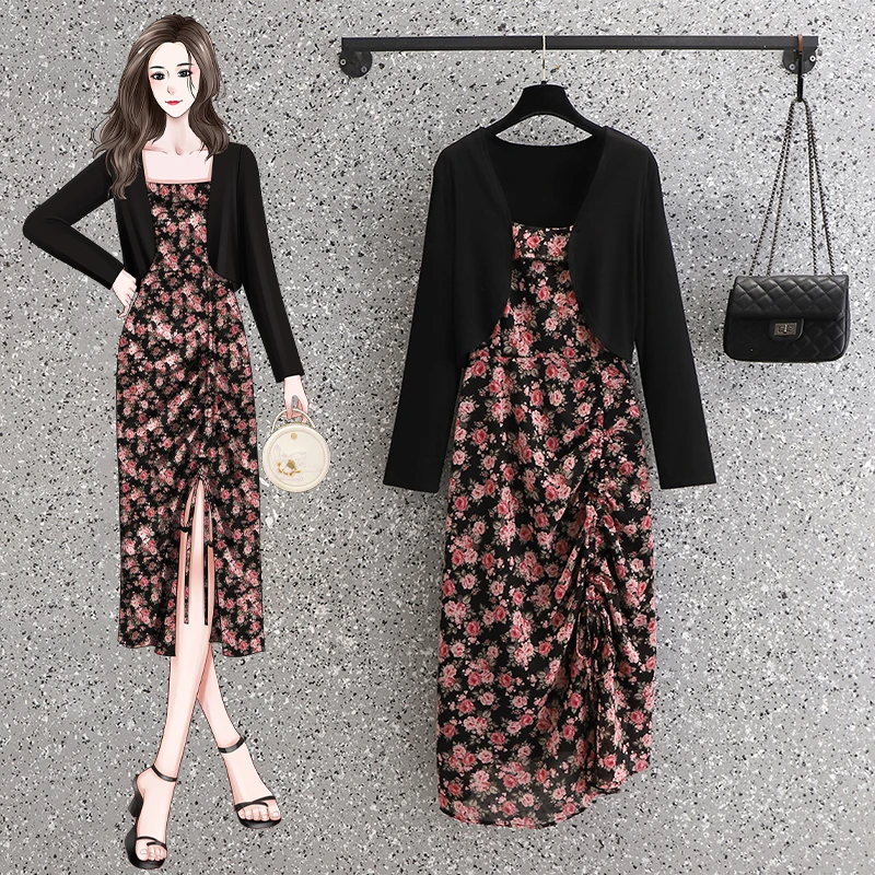 【遥不可及】花园夏季黑色无袖收腰吊带花色辣妹连衣裙女中长裙子