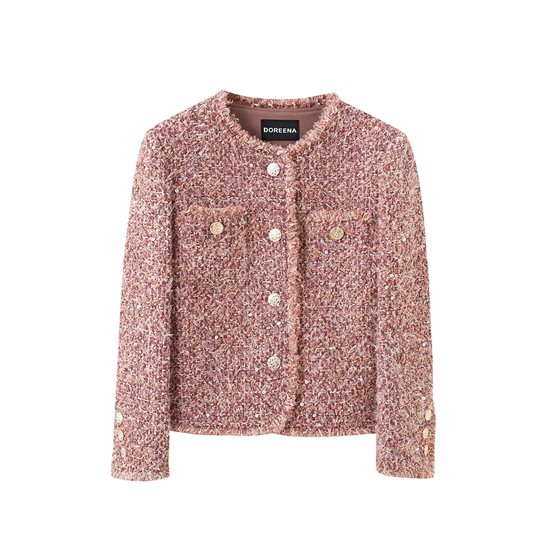 【DOREENA】新款小香风粗花呢短外套女圆领金扣爆款名媛风短款外套