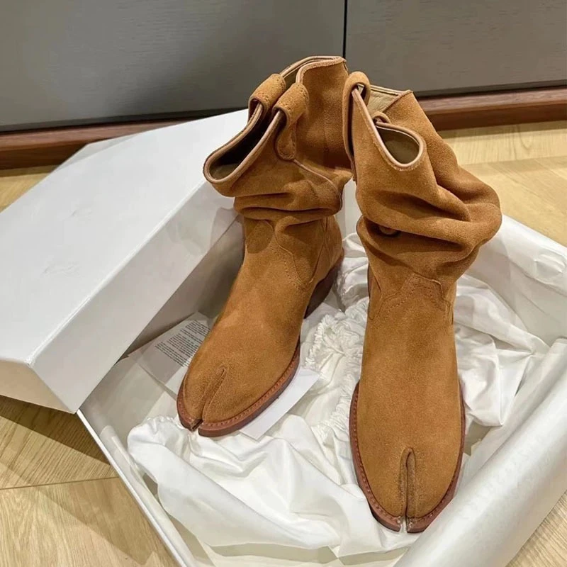 【马蹄靴】美拉德风西部靴流行女褶皱跟高5CM靴子长靴/UA0636