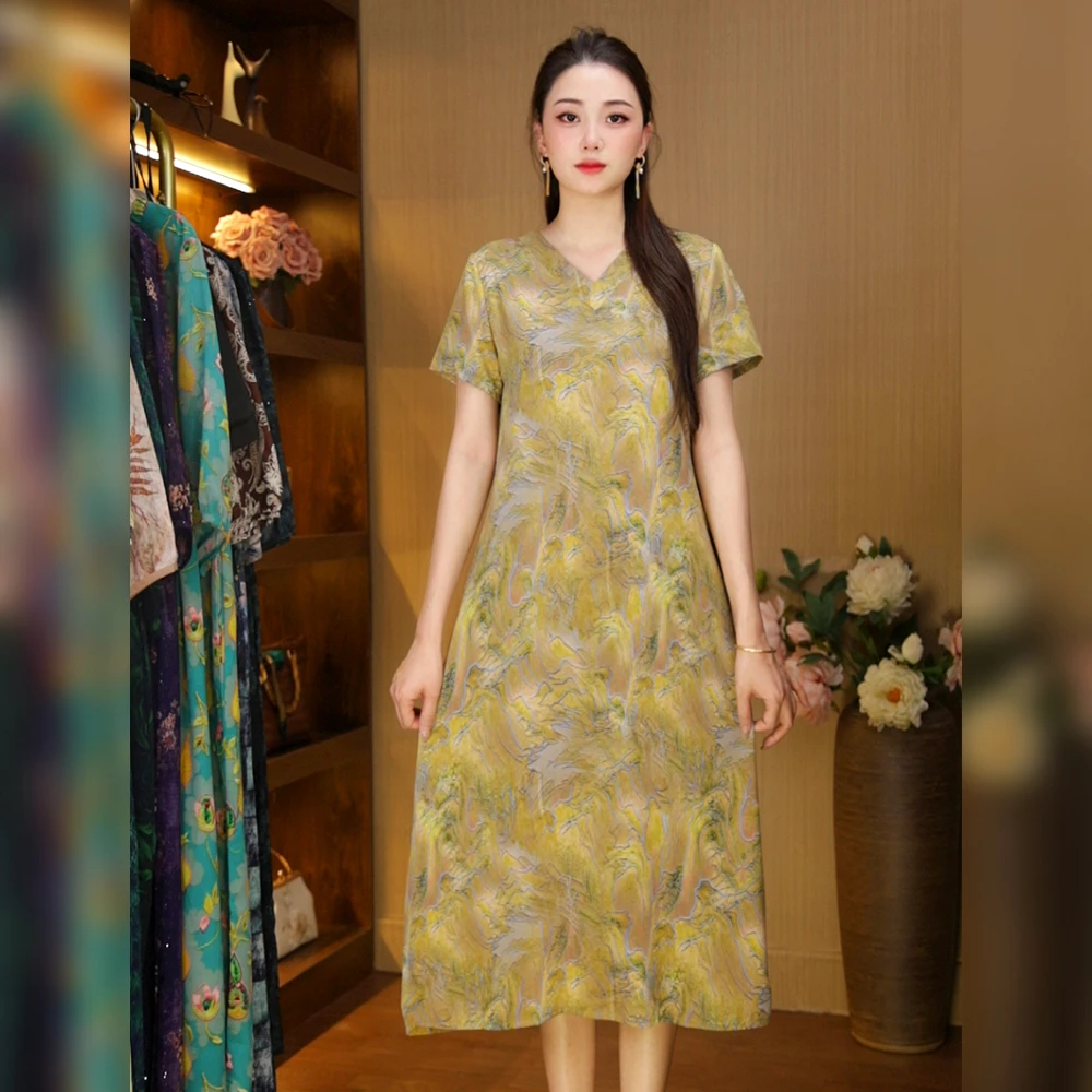 新款连衣裙金色山水短袖女中长裙