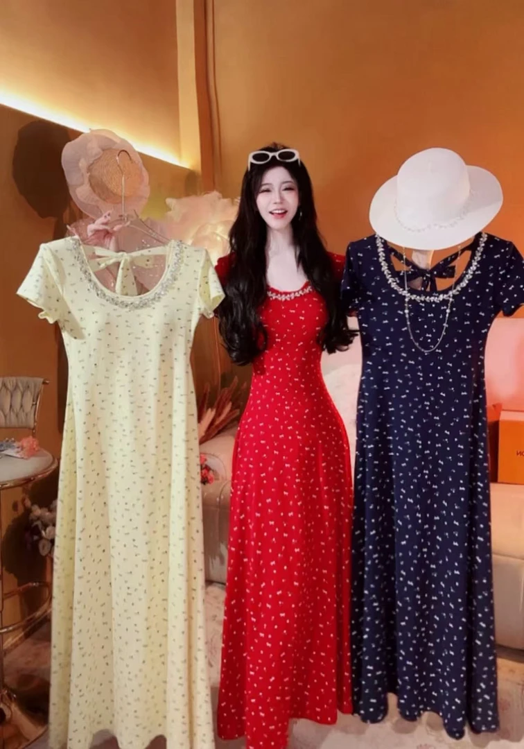 [崔]L0219法式复古短袖收腰大摆波点长款新款连衣裙