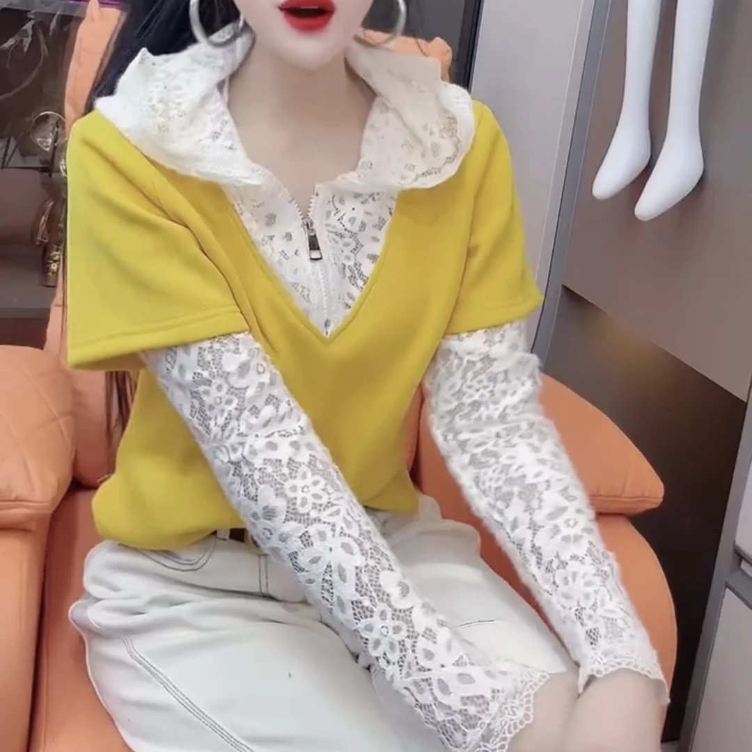 宽松型女蕾丝连帽短袖甜美风T恤韩版秋季气质拼接