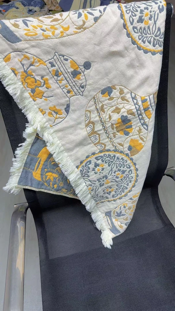 全棉多层纱毛巾沙发扶手巾枕巾青花瓷色织大提花流苏枕巾